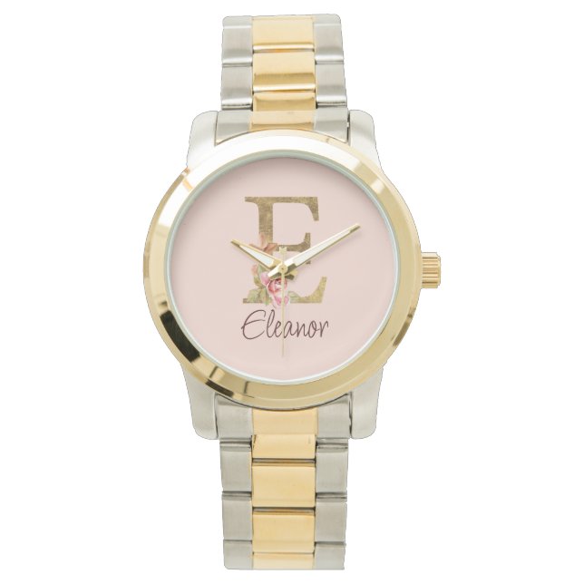 Aangepaste naam letter E goud folie roze rozen Horloge (Voorkant)