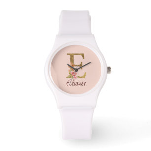 Aangepaste naam letter E goud folie roze rozen Horloge