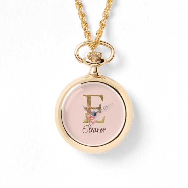 Aangepaste naam letter E Goud folie Roze rozen Horloge (Voorkant)
