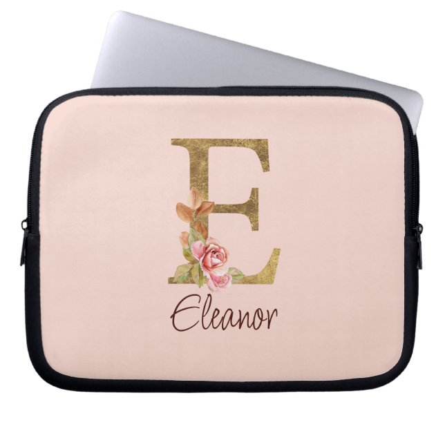 Aangepaste naam letter E goud folie roze rozen Laptop Sleeve (Voorkant)
