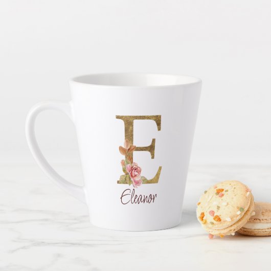 Aangepaste naam letter E goud folie roze rozen Latte Mok (In situ)