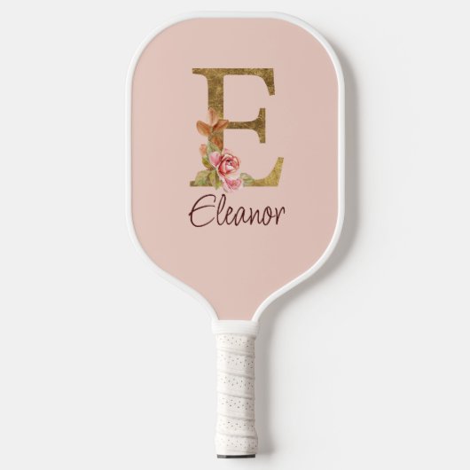 Aangepaste naam letter E goud folie roze rozen Pickleball Paddle (Voorkant)