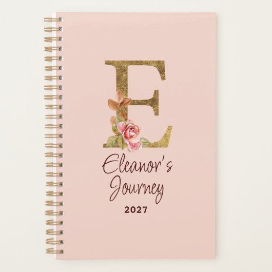 Aangepaste naam letter E Goud folie roze rozen Planner (Voorkant)