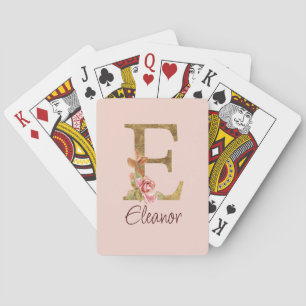 Aangepaste naam letter E goud folie roze rozen Pokerkaarten
