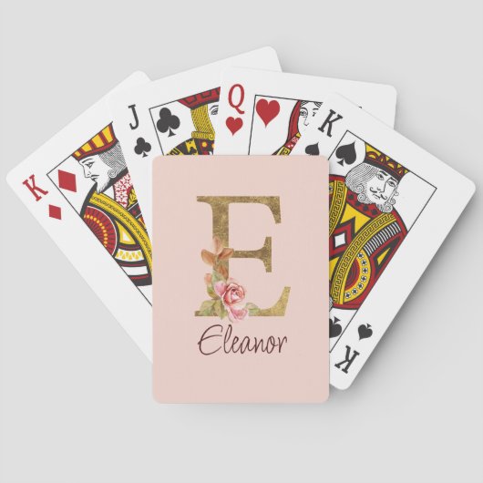 Aangepaste naam letter E goud folie roze rozen Pokerkaarten (Achterkant)