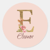 Aangepaste naam letter E goud folie roze rozen Ronde Sticker (Voorkant)