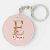 Aangepaste naam letter E goud folie roze rozen Sleutelhanger (Achterkant)