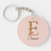 Aangepaste naam letter E goud folie roze rozen Sleutelhanger (Voorkant)