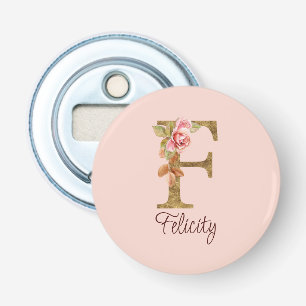 Aangepaste Naam Letter F Gold Folie Blush Pink Ros Button Flesopener