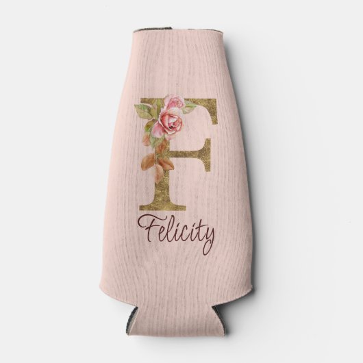 Aangepaste Naam Letter F Gold Folie Blush Pink Ros Flesjeskoeler (Voorkant)