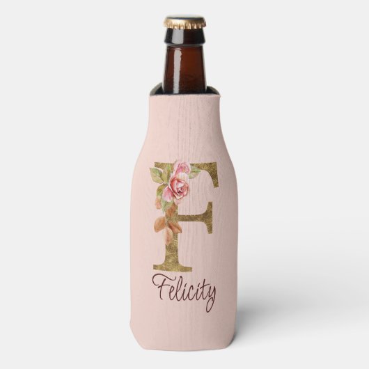 Aangepaste Naam Letter F Gold Folie Blush Pink Ros Flesjeskoeler (Fles Voorkant)