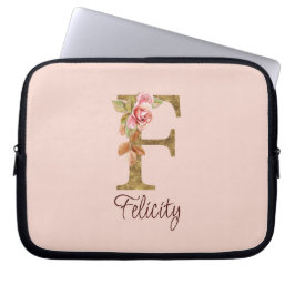 Aangepaste Naam Letter F Gold Folie Blush Pink Ros Laptop Sleeve