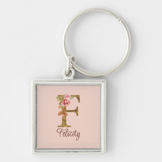 Aangepaste Naam Letter F Gold Folie Blush Pink Ros Sleutelhanger (Voorkant)