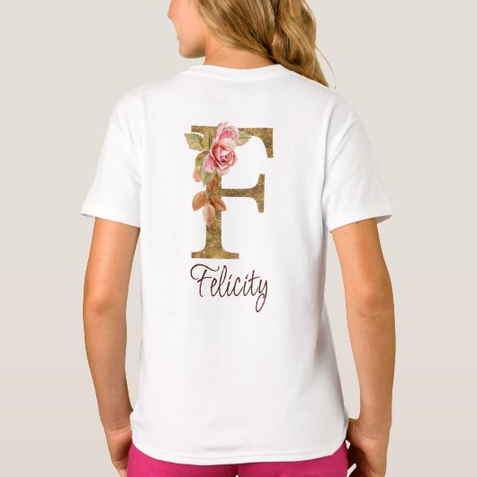 Aangepaste Naam Letter F Gold Folie Blush Pink Ros T-shirt (Achterkant)