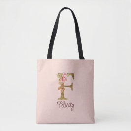 Aangepaste Naam Letter F Gold Folie Blush Pink Ros Tote Bag