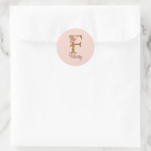 Aangepaste naam letter F goud folie blos roze roze Ronde Sticker