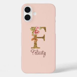 Aangepaste naam letter F goud folie roze rozen iPhone 16 Plus Hoesje