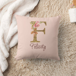 Aangepaste naam letter F goud folie roze rozen Kussen