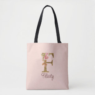 Aangepaste naam letter F goud folie roze rozen Tote Bag