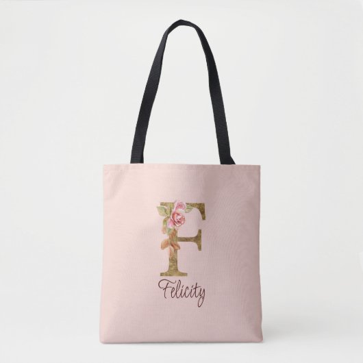 Aangepaste naam letter F goud folie roze rozen Tote Bag (Voorkant)