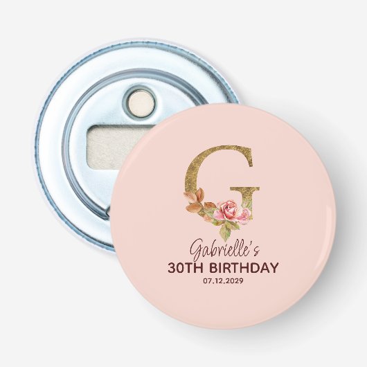 Aangepaste naam letter G goud blos roze rozen Button Flesopener (Voorkant)