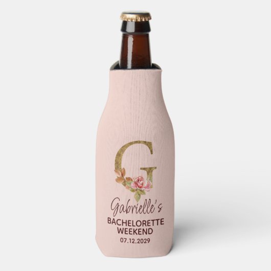 Aangepaste naam letter G goud blos roze rozen Flesjeskoeler (Fles Voorkant)