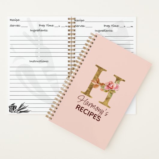 Aangepaste Naam Letter H Gold Blush Pink Roses Rec Notitieboek (Binnen)