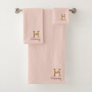 Aangepaste naam letter H goud folie blos roze roze Bad Handdoek