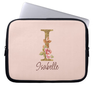 Aangepaste Naam Letter I Gold Folie Blush Pink Ros Laptop Sleeve