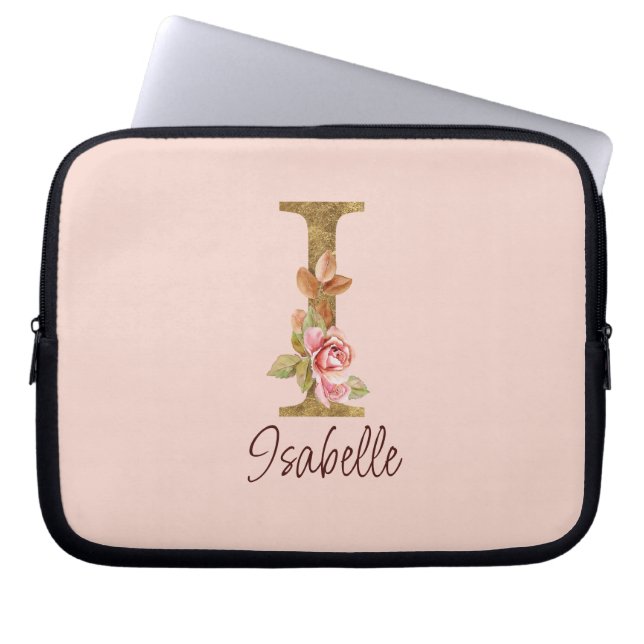Aangepaste Naam Letter I Gold Folie Blush Pink Ros Laptop Sleeve (Voorkant)