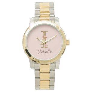 Aangepaste naam letter I goud folie blos roze roze Horloge
