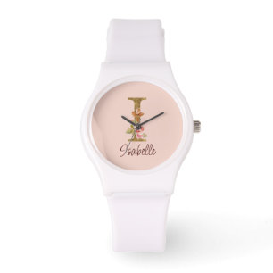 Aangepaste naam letter I goud folie blos roze roze Horloge