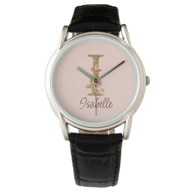 Aangepaste naam letter I Goud folie Blush Roze Roz Horloge (Voorkant)