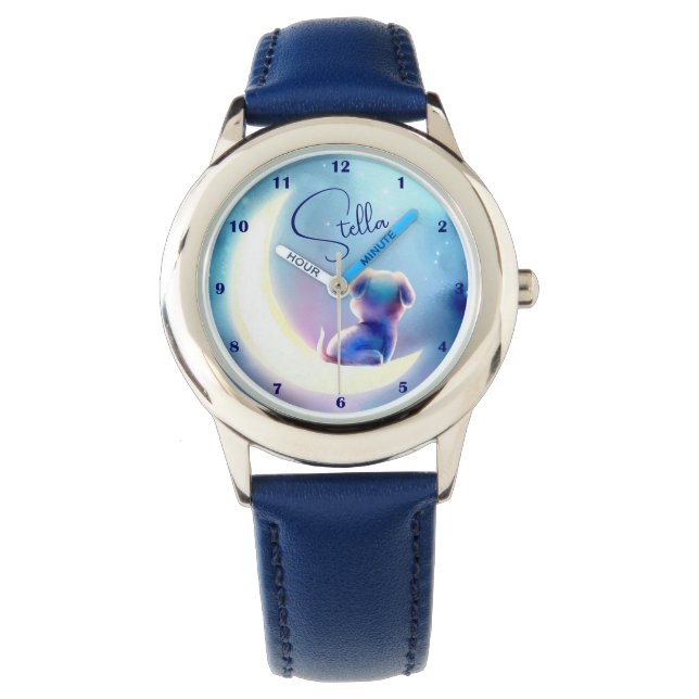 Aangepaste naam Leuke Hond op de Moon Stars Waterv Horloge (Voorkant)