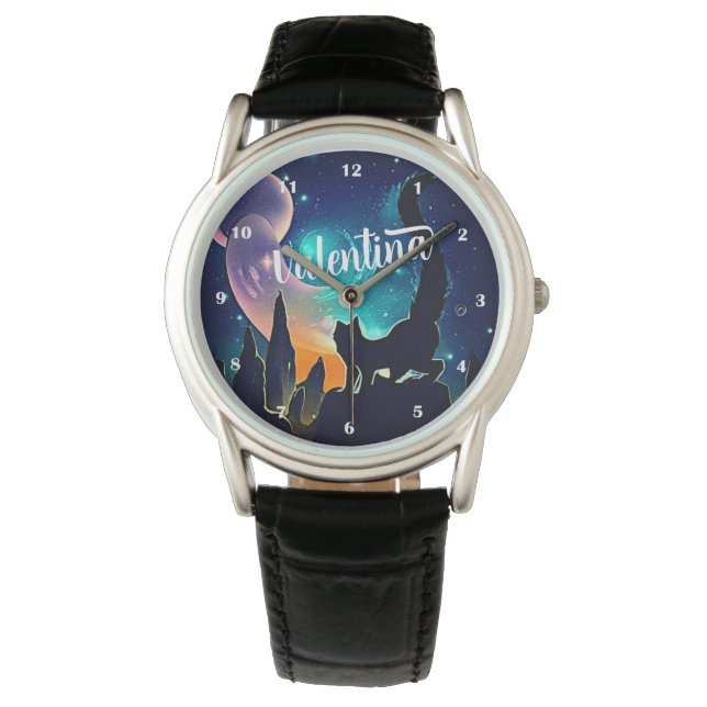 Aangepaste naam Leuke Kat en Galaxy Sterren & Berg Horloge (Voorkant)