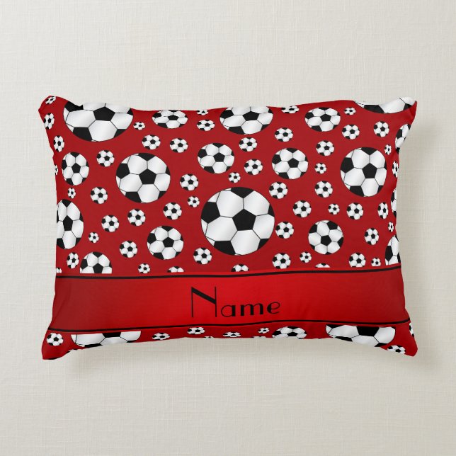 Aangepaste naam leuke rode voetballen rode streep decoratief kussen (Voorkant)