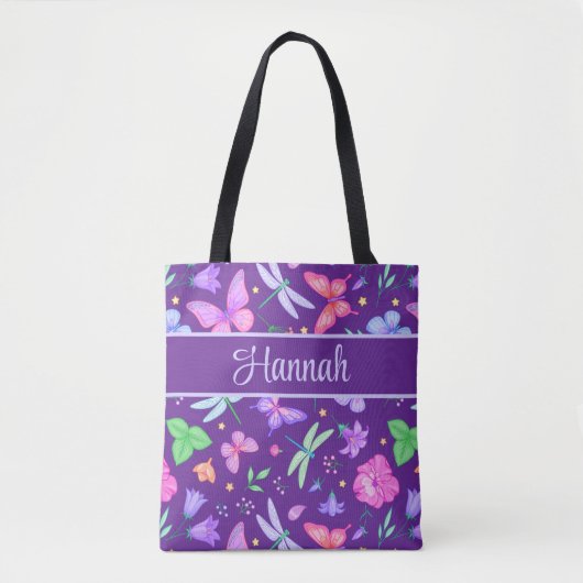Aangepaste naam libel en vlinder paars roze tote bag (Voorkant)