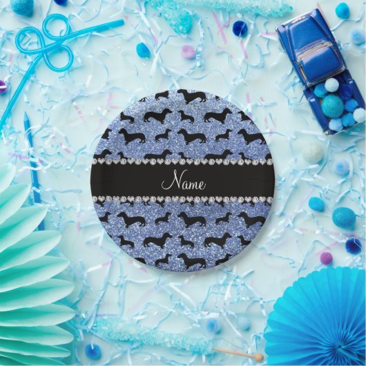 Aangepaste naam lichtblauwe glitter dachshunds papieren bordje (Feest)
