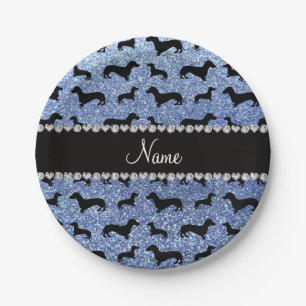 Aangepaste naam lichtblauwe glitter dachshunds papieren bordje