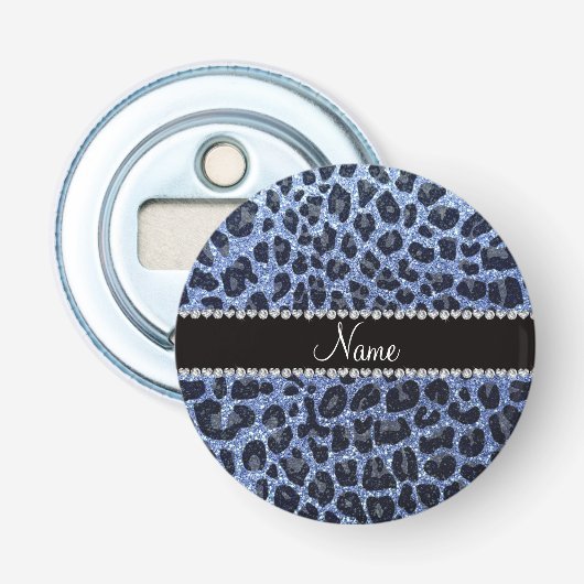 Aangepaste naam lichtblauwe glitter leopard print button flesopener (Voorkant)