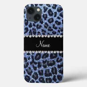Aangepaste naam lichtblauwe glitter leopard print iPhone 13 hoesje