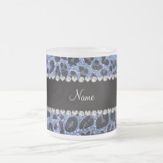 Aangepaste naam lichtblauwe glitter leopard print matglas koffiemok (Center)