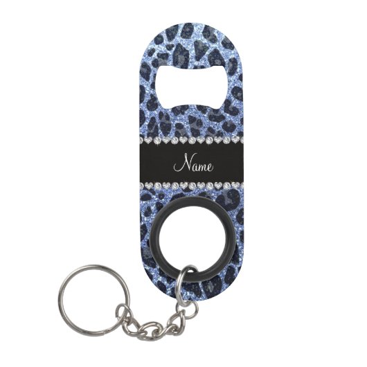 Aangepaste naam lichtblauwe glitter leopard print mini flessenopener (Voorkant)
