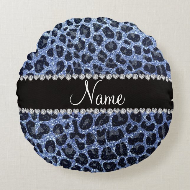 Aangepaste naam lichtblauwe glitter leopard print rond kussen (Voorkant)