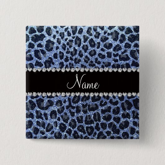 Aangepaste naam lichtblauwe glitter leopard print vierkante button 5,1 cm (Voorkant)