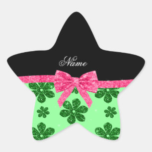 Aangepaste naam lichtgroene gliter bloemen roze bo ster sticker