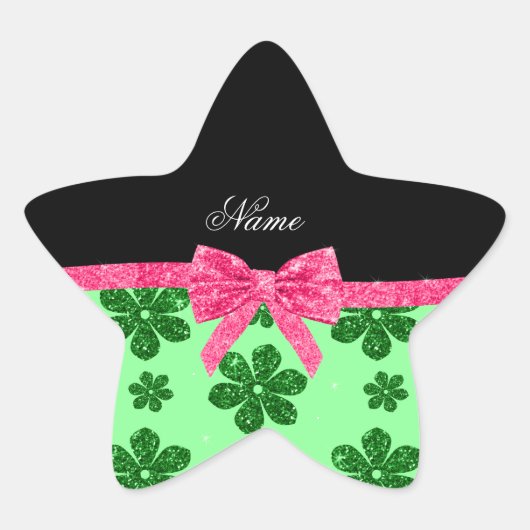Aangepaste naam lichtgroene gliter bloemen roze bo ster sticker (Voorkant)