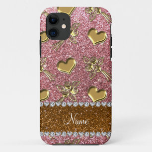 Aangepaste naam lichtroze glitter Gold rozen harte iPhone 11 Hoesje