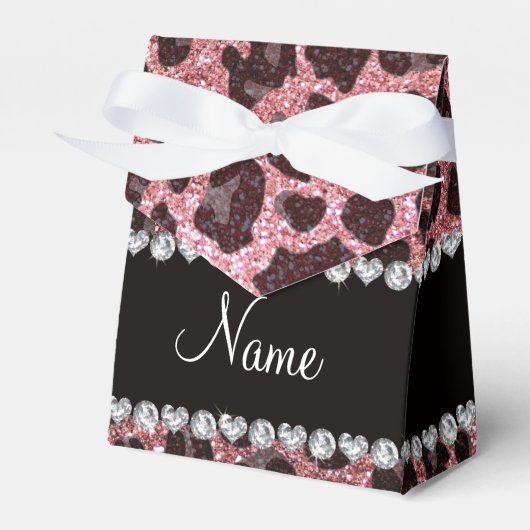 Aangepaste naam lichtroze glitter leopard print bedankdoosjes (Voorkant Zijde)