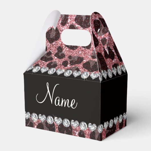 Aangepaste naam lichtroze glitter leopard print bedankdoosjes (Voorkant Zijde)